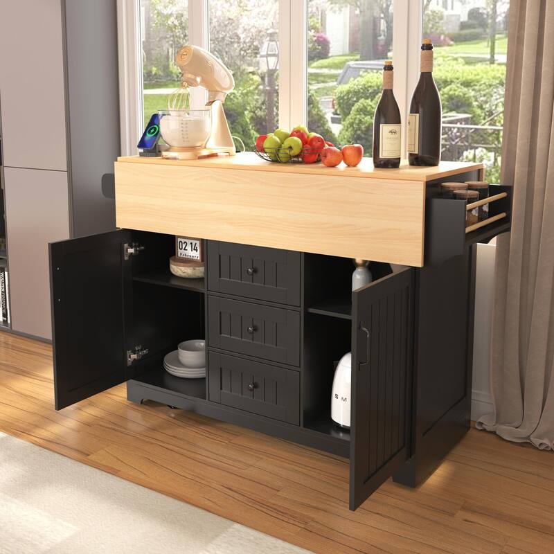 55.7" Kitchen Island with Drop Leaves, Rolling Cart with Power Outlet, Spice Rack, and 3 Drawers