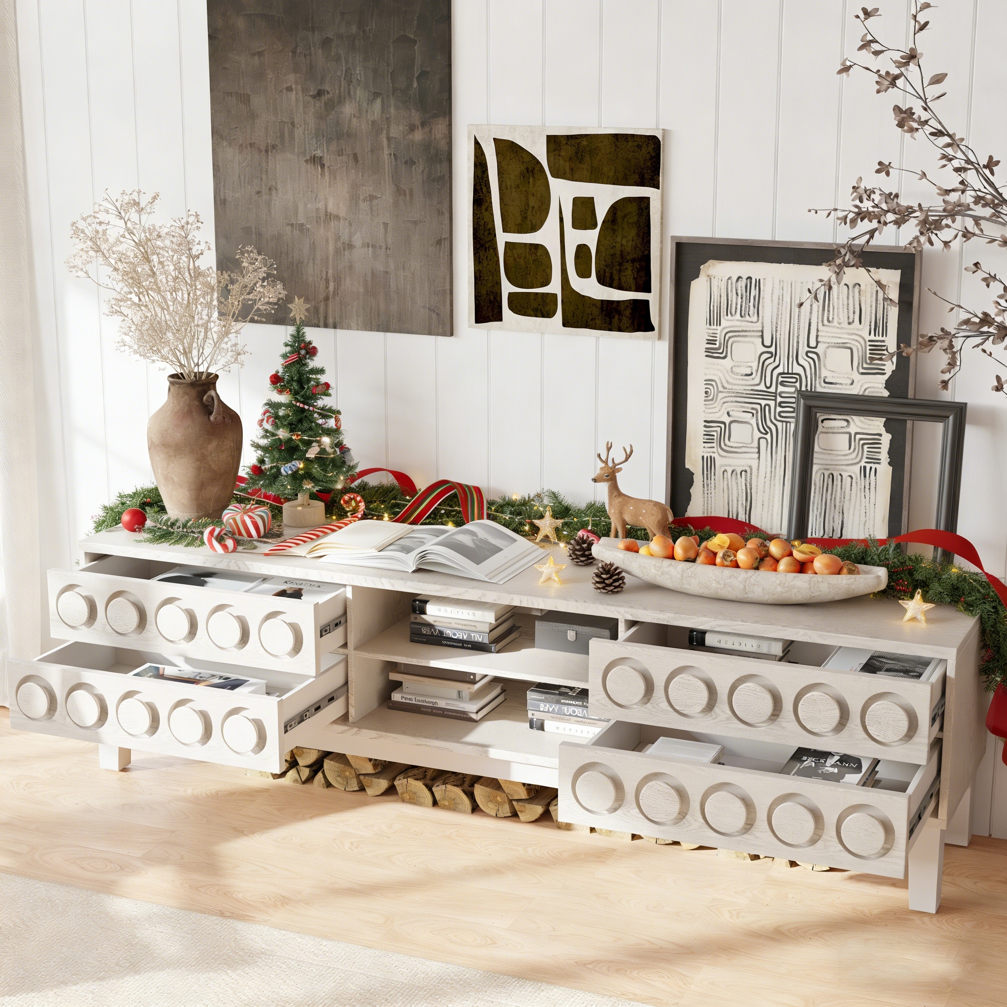 Modern Mid-Century Media Console with 4 Drawers and Cable Management, TV Console Table