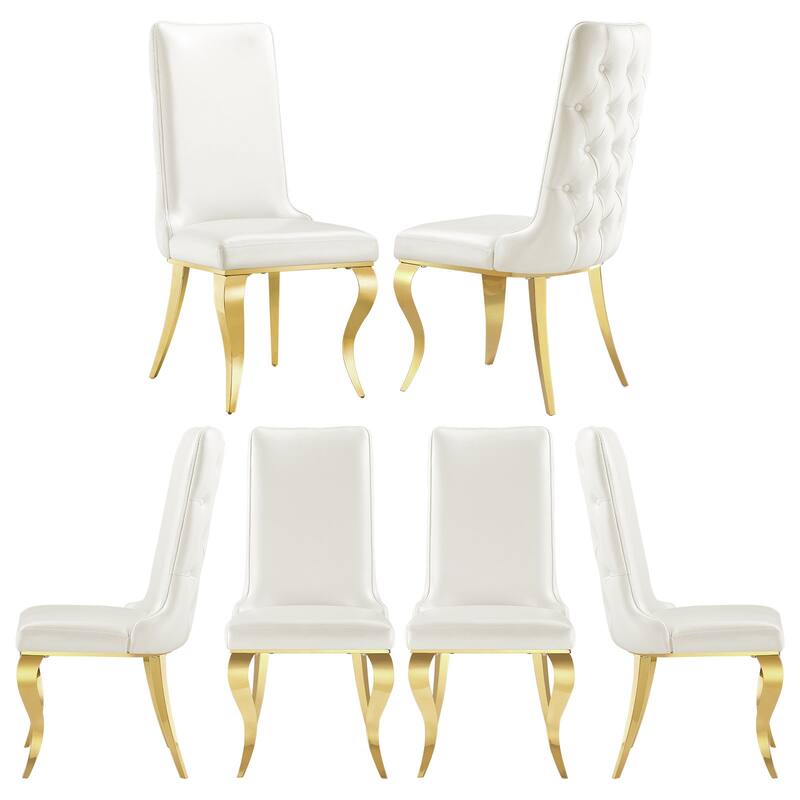 White leather dining chairs with gold legs - Set of 6 - White/Gold