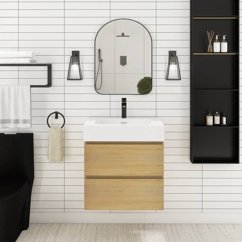 24/30/36 inch Wall-Mounted Bathroom Vanity Set in Oak with Integrated Resin Sink