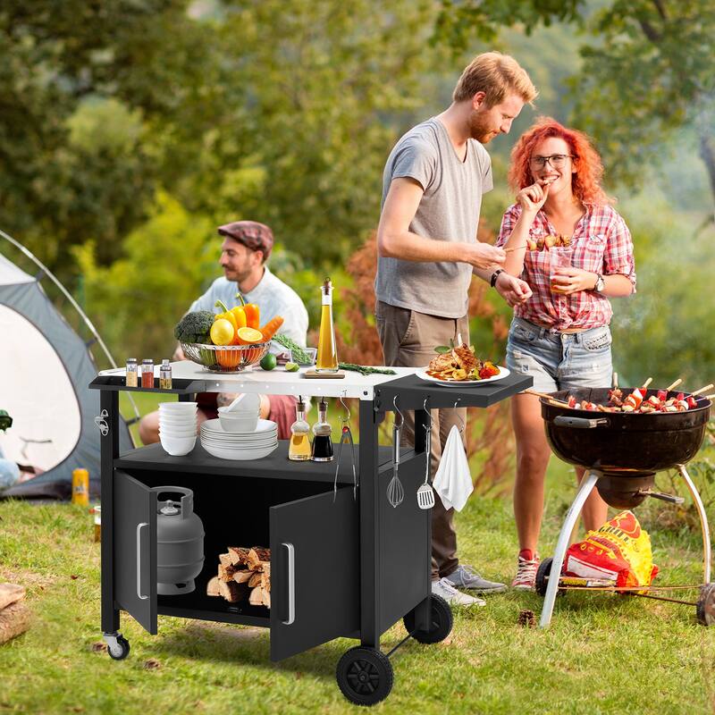 Outdoor Grill Cart with Foldable Side Table Iron Frame, Mobile BBQ Station with Storage Cabinet, Spice Rack & Lockable Wheels