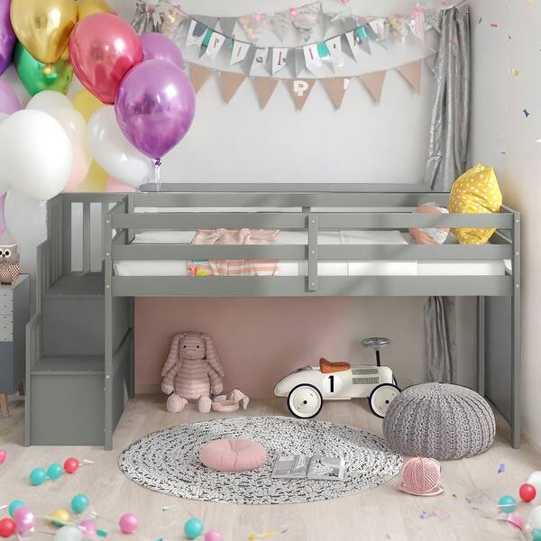 slide 2 of 9, Modern Twin Size Loft bed With Staircase And Storage Or Entertainment Space for Bedroom Grey