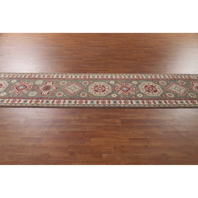 Geometric Kazak Runner Rug Handmade Oriental Grey Wool Carpet - 2'7" x 16'3"