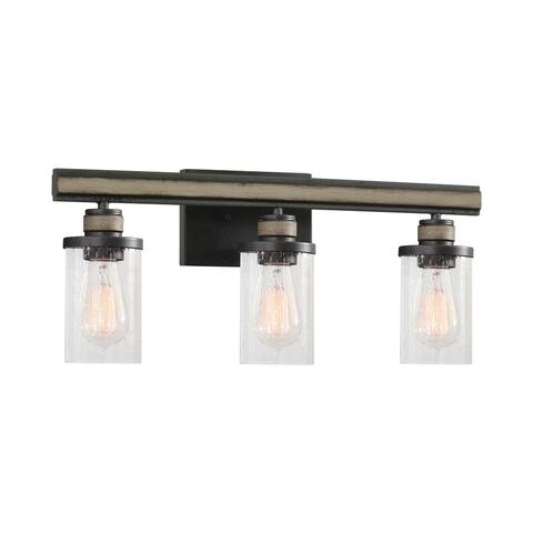 Beaufort 3-Light Vanity Light in Anvil Iron and Distressed Antique Graywood with Seedy Glass