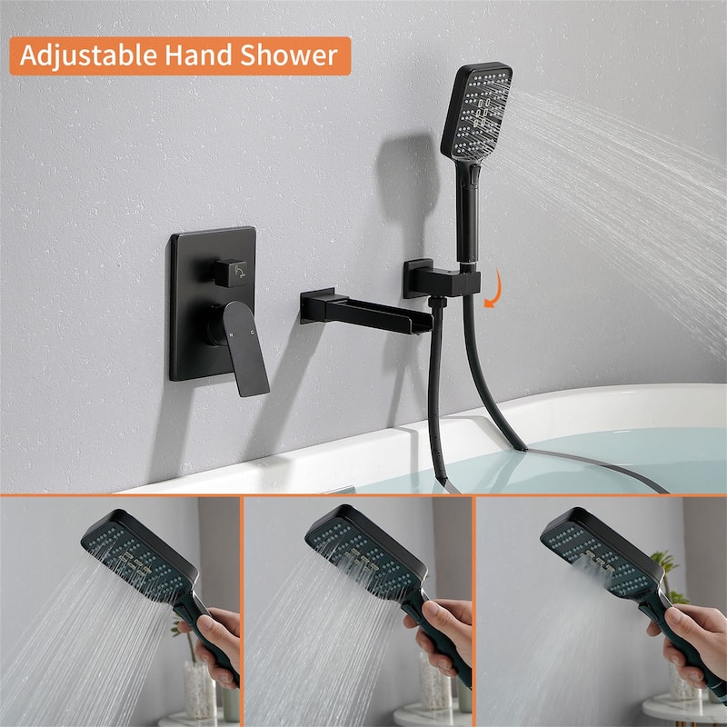Waterfall Tub Faucet Wall Mounted Single Handle Tub Fillers with Handheld Shower Bathtub Faucet with Rough-in Valve