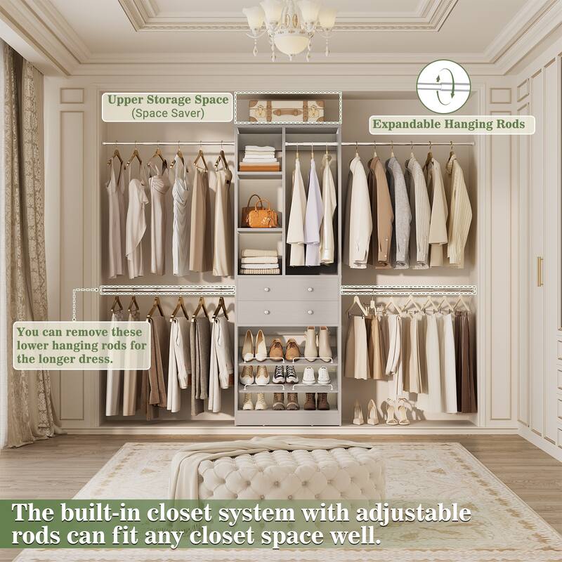 Closet Organizer with 5 Hanging Rods and 2 Drawers, Adjustable Closet System with Shelves and Shoe Rack