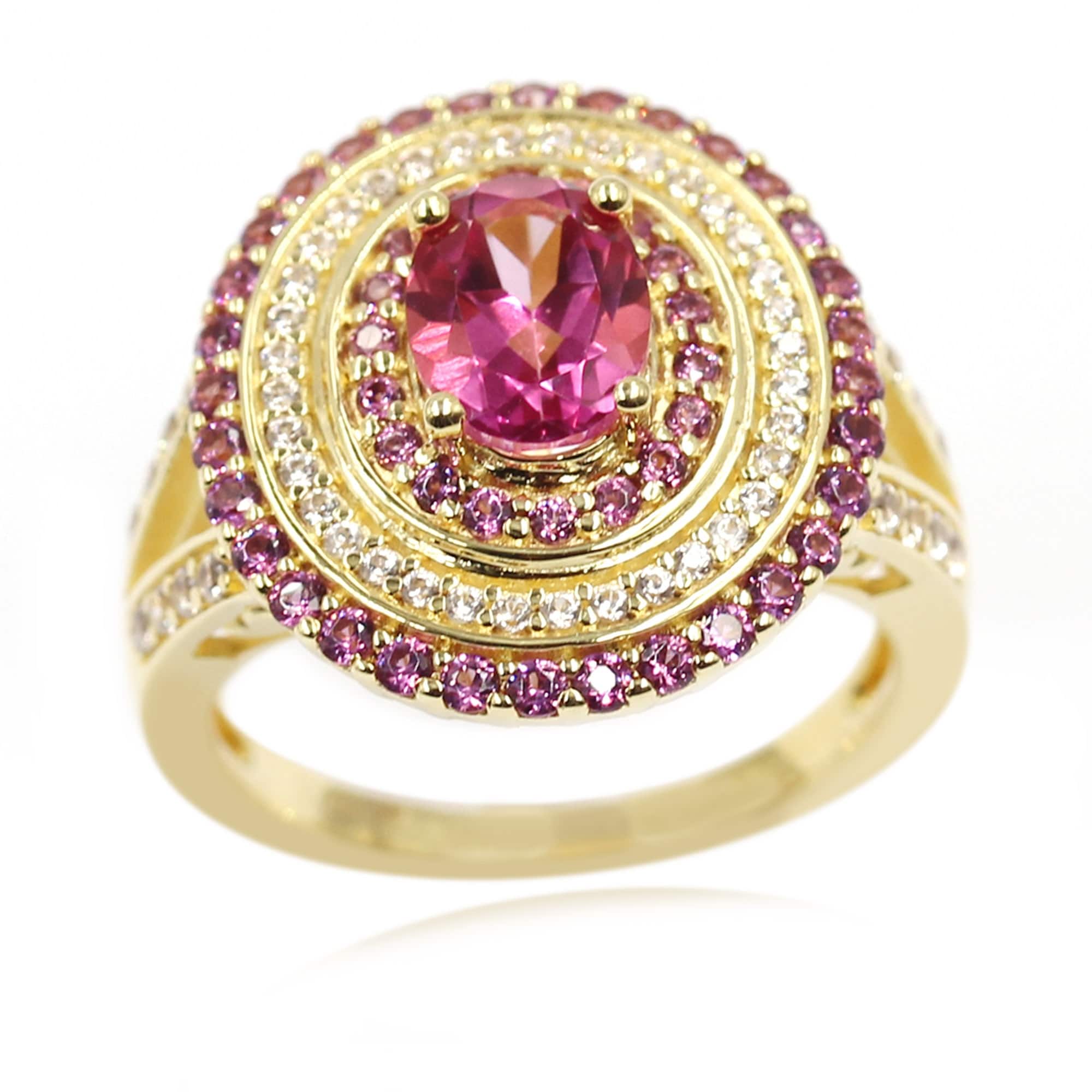 Pinctore Yellow Over 925 Sterling Silver Pink Topaz,Rhodolite Garnet,White Natural Zircon Ring