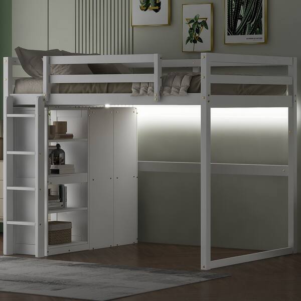 slide 2 of 22, Full Loft Bed with Wardrobe, Storage Shelves & LED Light - Wood Frame, White White