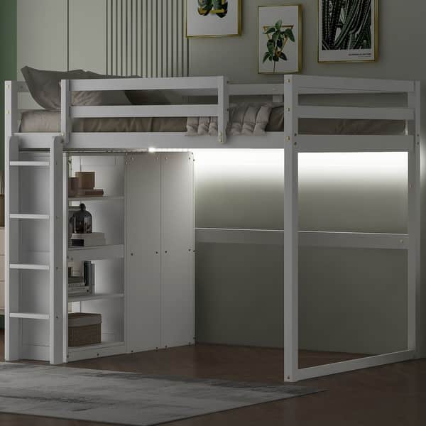 slide 1 of 1, Pine Wood Bed Frame Space-Saving Full Size Loft Bed Frame with Built-in Wardrobe, 4-layer Storage Shelves and Led Light White - Full