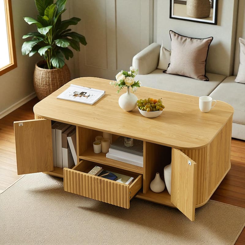 46.5" Modern Oval Coffee Table with Drawers, Hidden Storage & Curved Panel Design, Luxury Center Table