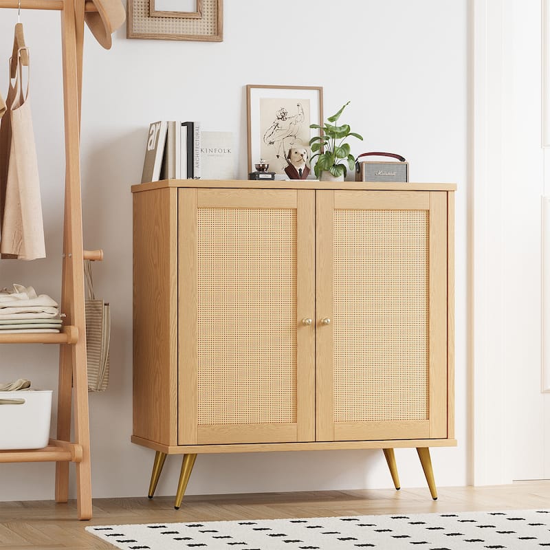 Farmhouse Rattan Storage Cabinet, Natural Buffet Sideboard - N/A