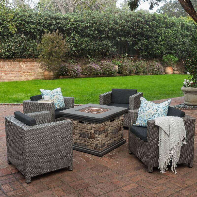 Puerta Outdoor 5-piece Club Chair and Fire Pit Set by Christopher Knight Home - Mixed Black + Dark Gray + Stone