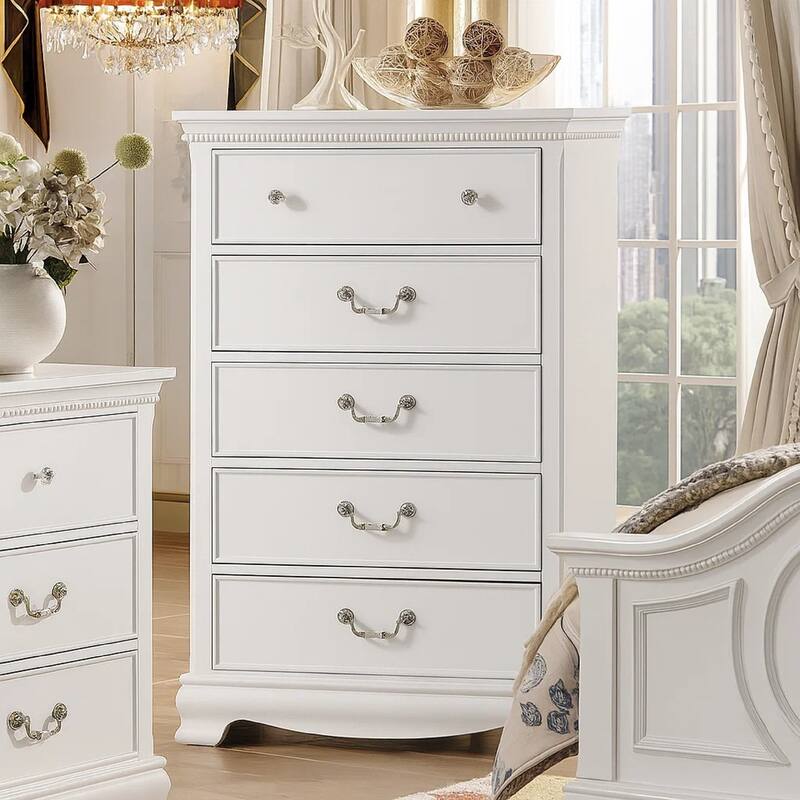 Traditional Style Wooden Chest With 5 Drawers, White