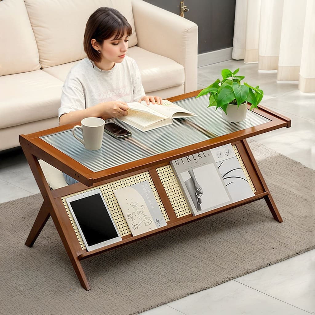 Rustic Bamboo Coffee Table End Table with Corrugated Glass Top, Modern Z-Shaped Center Table Office Table