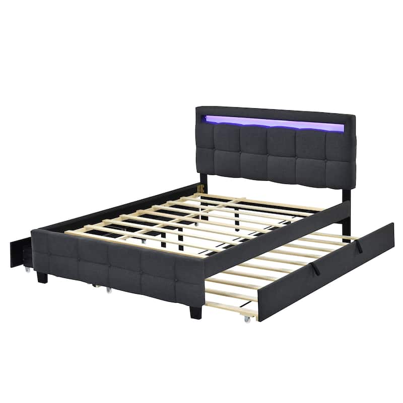 HomeRoots Black Tufted Upholstered Lighted Queen Bed Frame With Trundle And USB And Drawers
