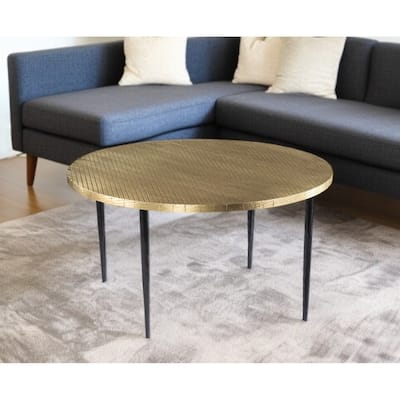 HomeRoots 34" Black And Gold Embossed Metal Round Coffee Table - 18.25" H x 34" W x 34" D