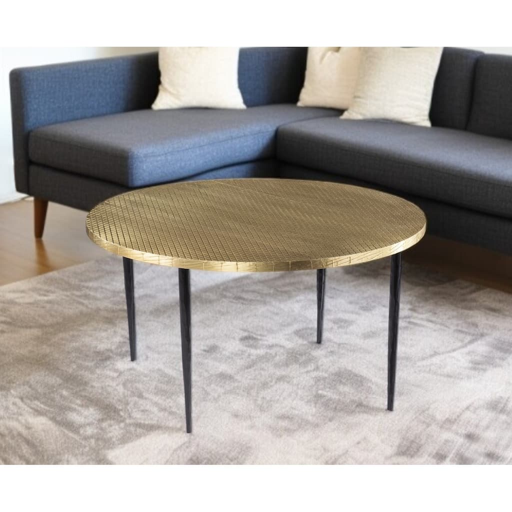 HomeRoots 34" Black And Gold Embossed Metal Round Coffee Table - 18.25" H x 34" W x 34" D