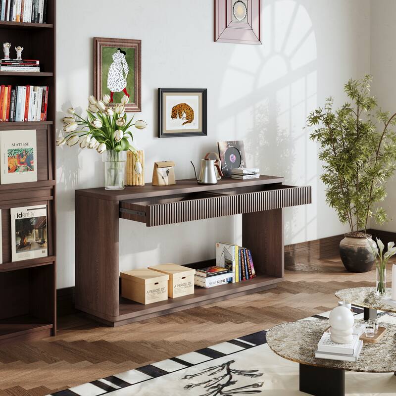 Modern Fluted Console Table with 2 Drawer, 60" Entryway Table Sofa Table Behind Couch with Open Storage for Living Room