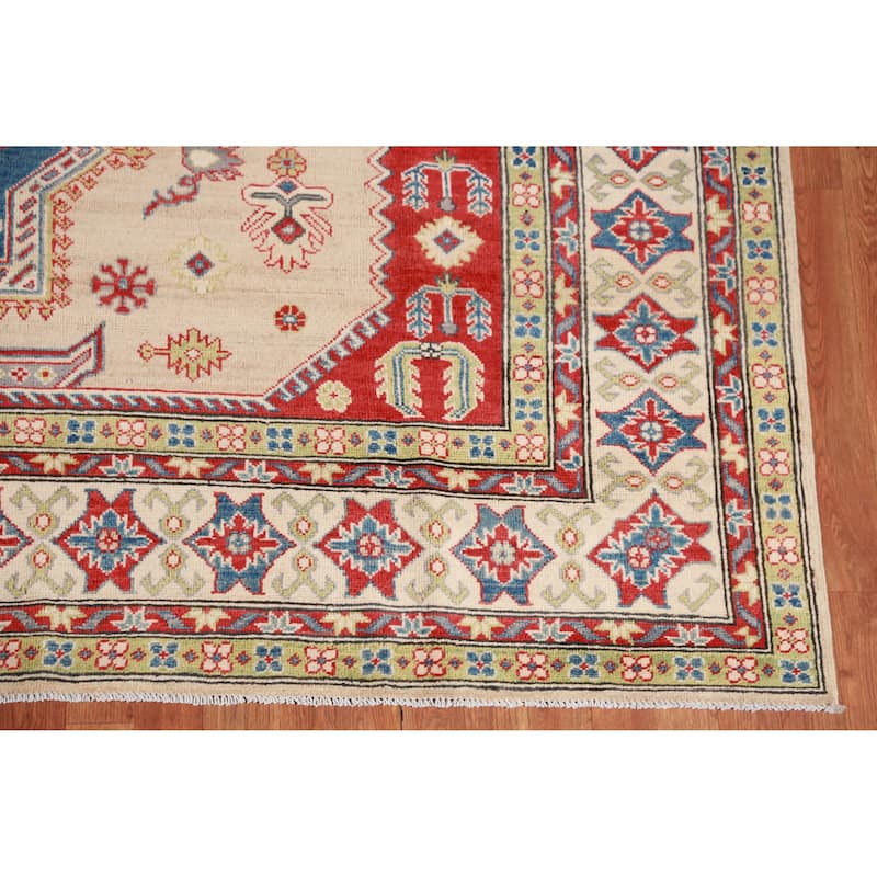 Hand Knotted Oriental 100% Wool Carpet Traditional Geometric Peach Kazak Area Rug - 9' 9'' X 8' 4''