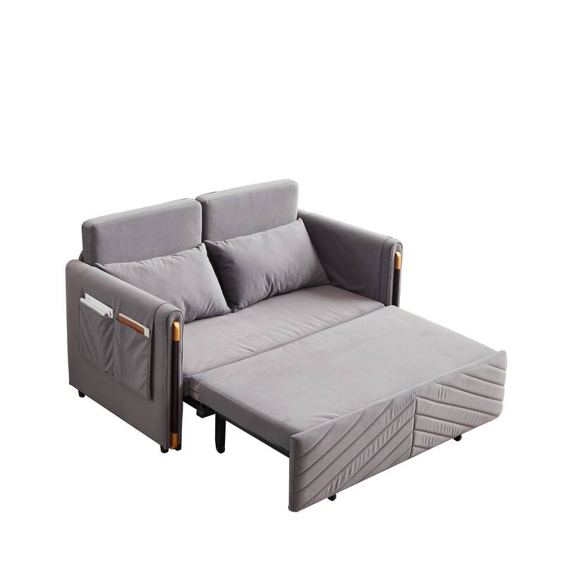 54" Velvet Pull-Out 2-Seater Sofa Bed with Adjustable Backrest & 2 Pillows