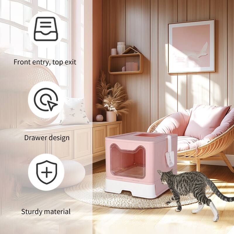 Cat Litter Box with X-Large Litter Mat and Scoop, Large Foldable Litter Box with Lid, Enclosed Kitty Box,Front Top Entry Exit