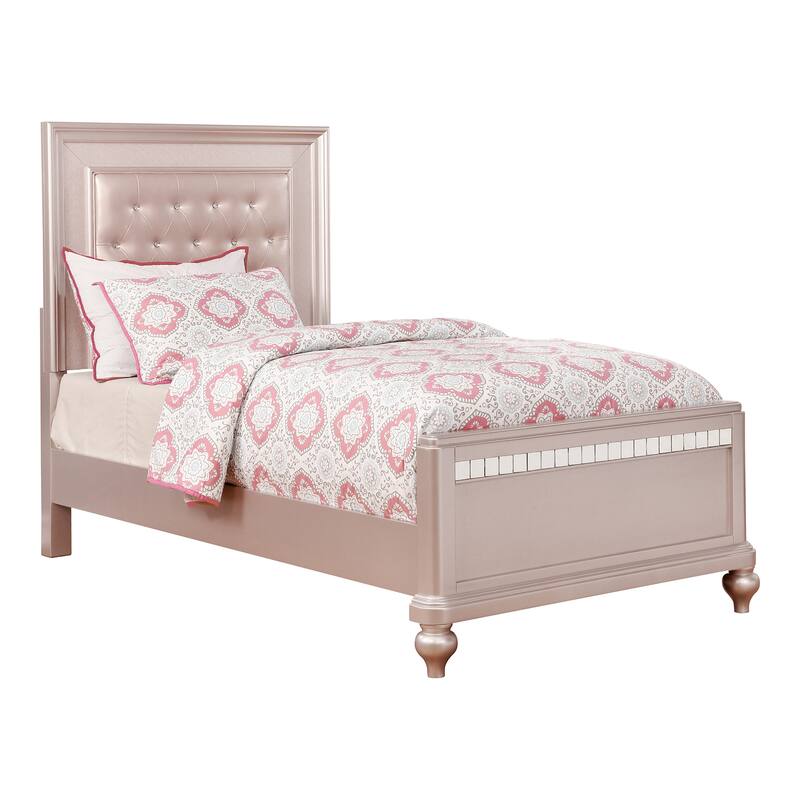 Furniture of America Dzhebel Modern 2-Piece Rose Gold Faux Leather Tufted Headboard Kids Panel Bed and Dresser Set