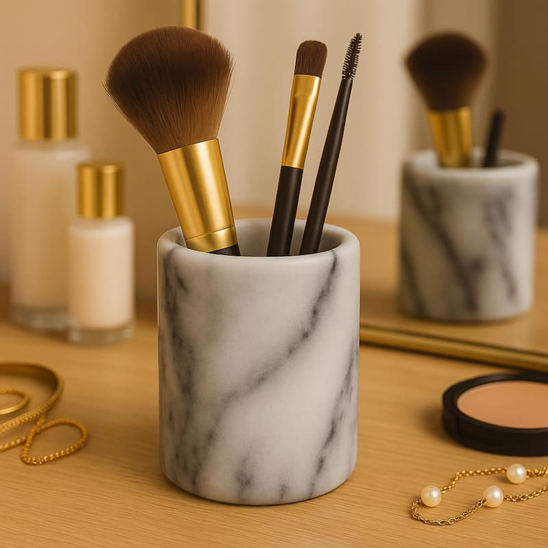 Creative Home Spa Collection White Marble Tumbler, Toothbrush Holder, Makeup Brush Organizer