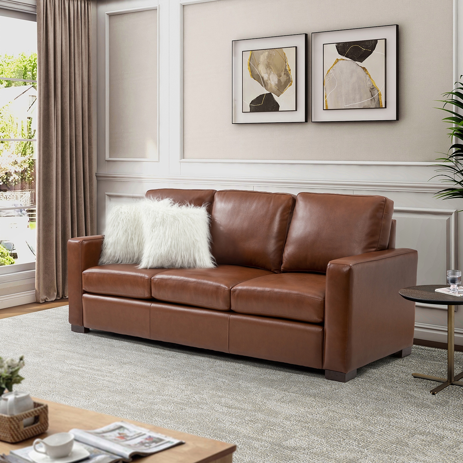 Leather sofa with wood arms clearance