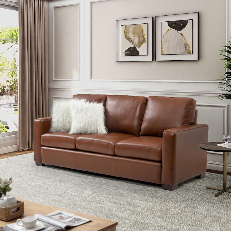 Ernando 83.46" Wide Genuine Leather Sofa with Squared Arms and Pillows