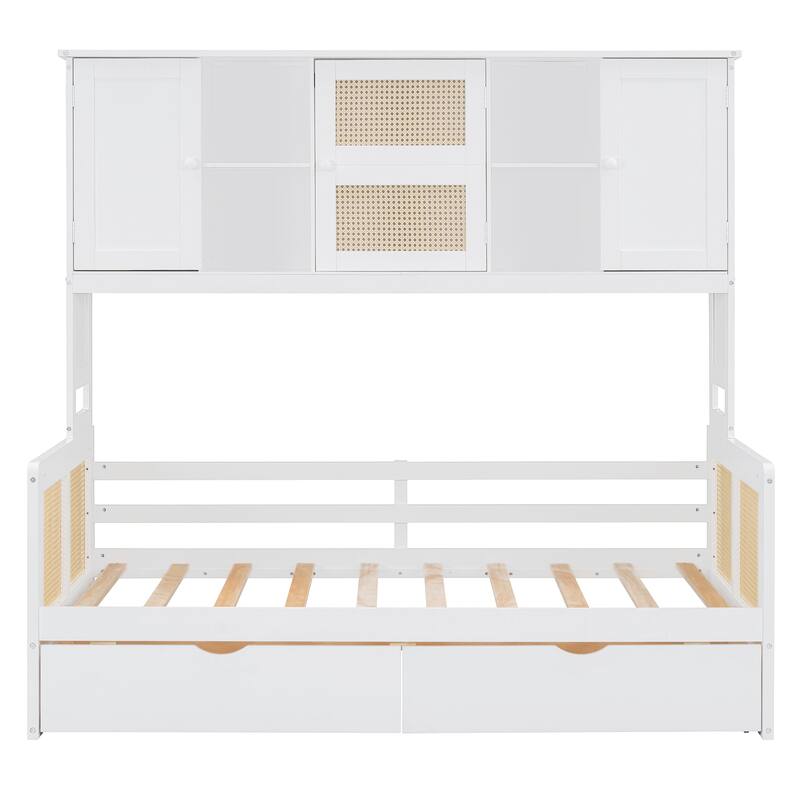Twin/Full Size Wood Daybed with 2 Storage Drawers and All in One Cabinet, Solid Pinewood Platform Sofa Bed with Rattan Accent