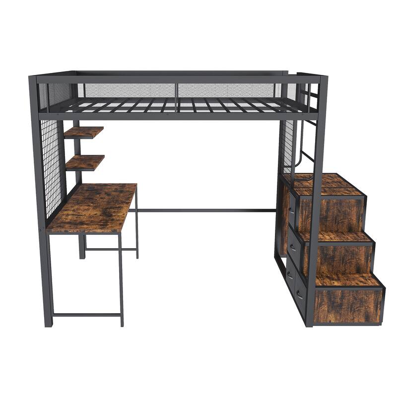 Space-Saving Full-Size Loft Bed with Desk & USB Charging, Modern Heavy Metal Bed Frame, Hidden Drawers, Staircase & Storage Rack
