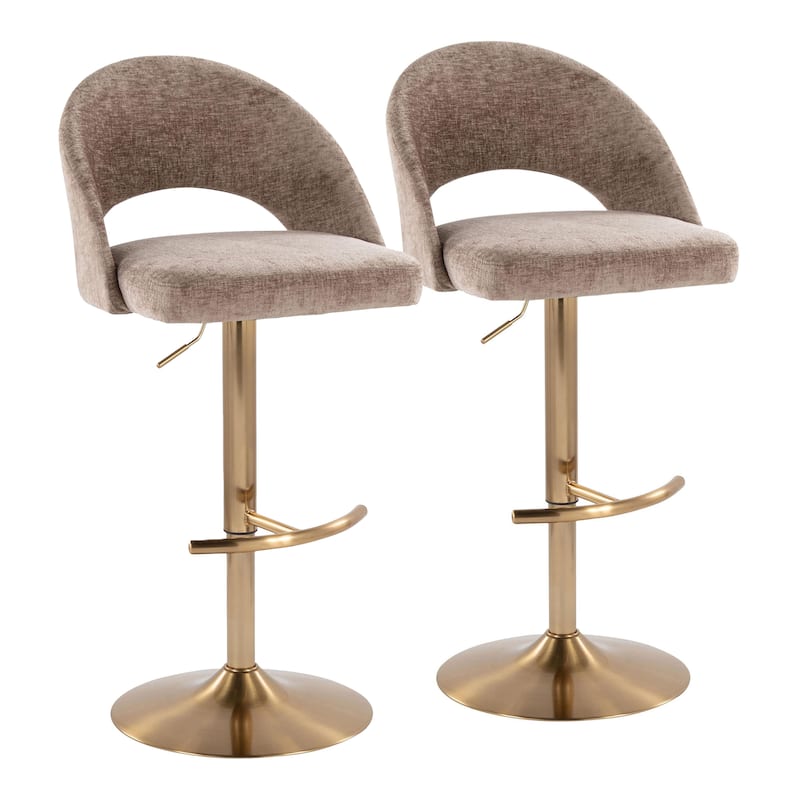 Renee Adjustable Barstool - Set of 2 - Brown Fabric/Gold Finish