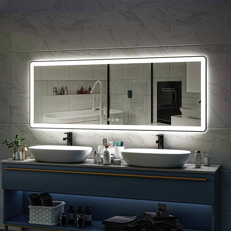 TOOLKISS Black Frame Anti-Fog Dimmable LED Light Vanity Bathroom Mirror with Backlit and Front Light