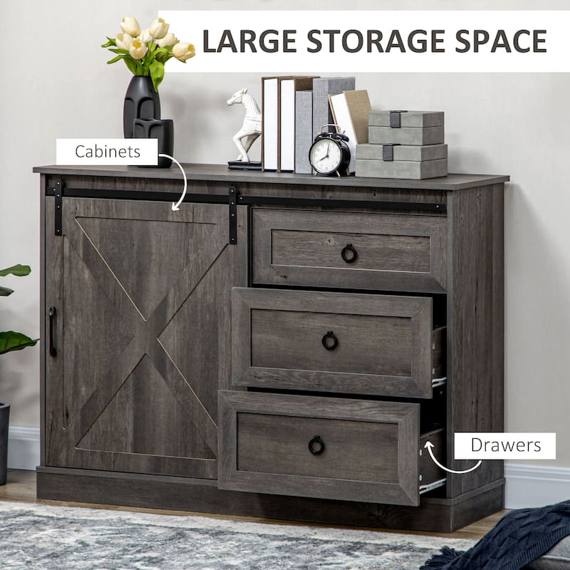 HOMCOM Farmhouse Coffee Bar Cabinet, Kitchen Sideboard, Buffet Cabinet with Sliding Barn Door and 3 Storage Drawers, Dark Grey