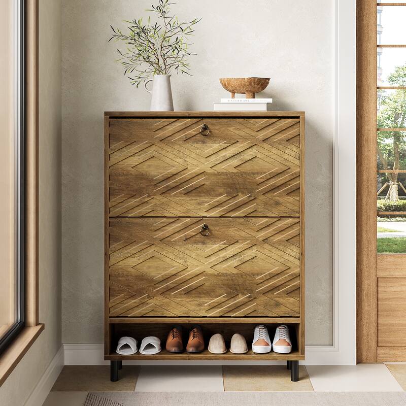 Narrow Shoe Cabinet with 2 Flip Drawers for Entryway Organizer