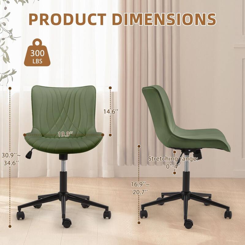 EROMMY Armless Office Chair with Wheels, Adjustable Swivel Modern Faux Leather Vanity Chair with Backrest, Ergonomic Rocking