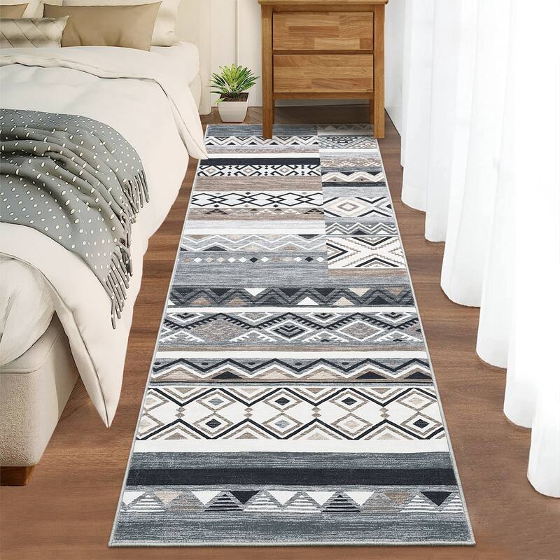 Area Rug Washable Living Room Rugs Vintage Geometric Area Rug Soft Low Pile Non-Slip Area Rug
