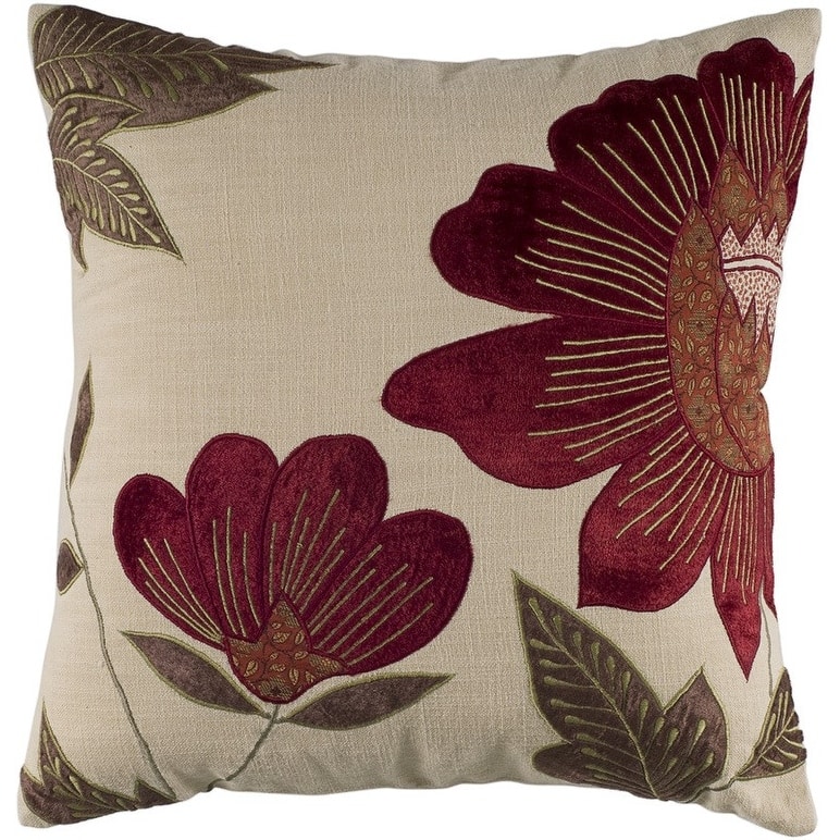 HomeRoots 18" Beige and Red Floral Throw Pillow With Embroidery