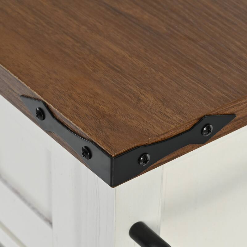 53.7" Farmhouse Kitchen Island With Power Outlet and Sliding Barn Doors, Rustic Storage Island With Drop Leaf and Drawers