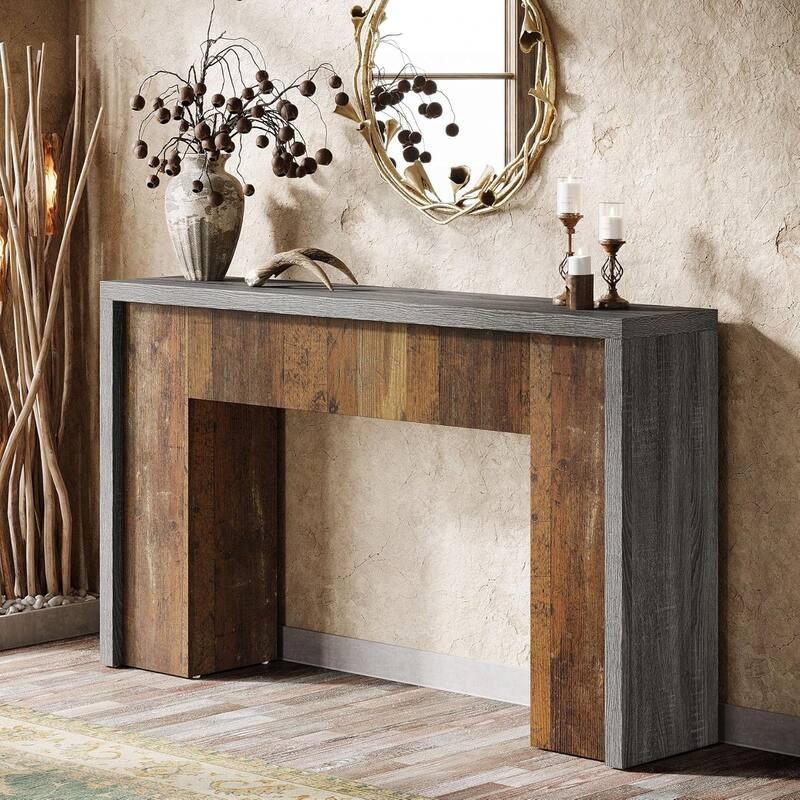 55 Inches Farmhouse Entryway Console Table, Sofa Table with Dual-Tone Design