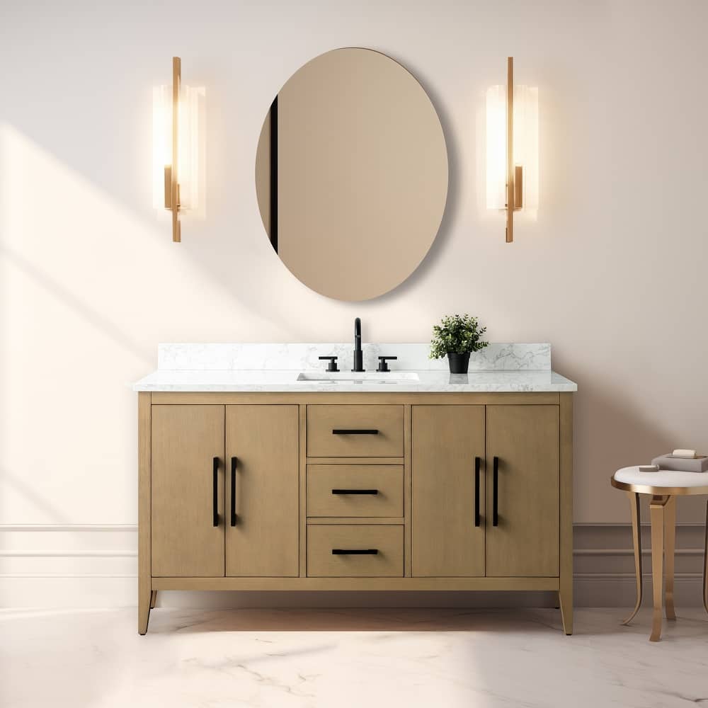 Vanity Art 60" Single Sink Bathroom Vanity Cabinet with Engineered Marble Countertop