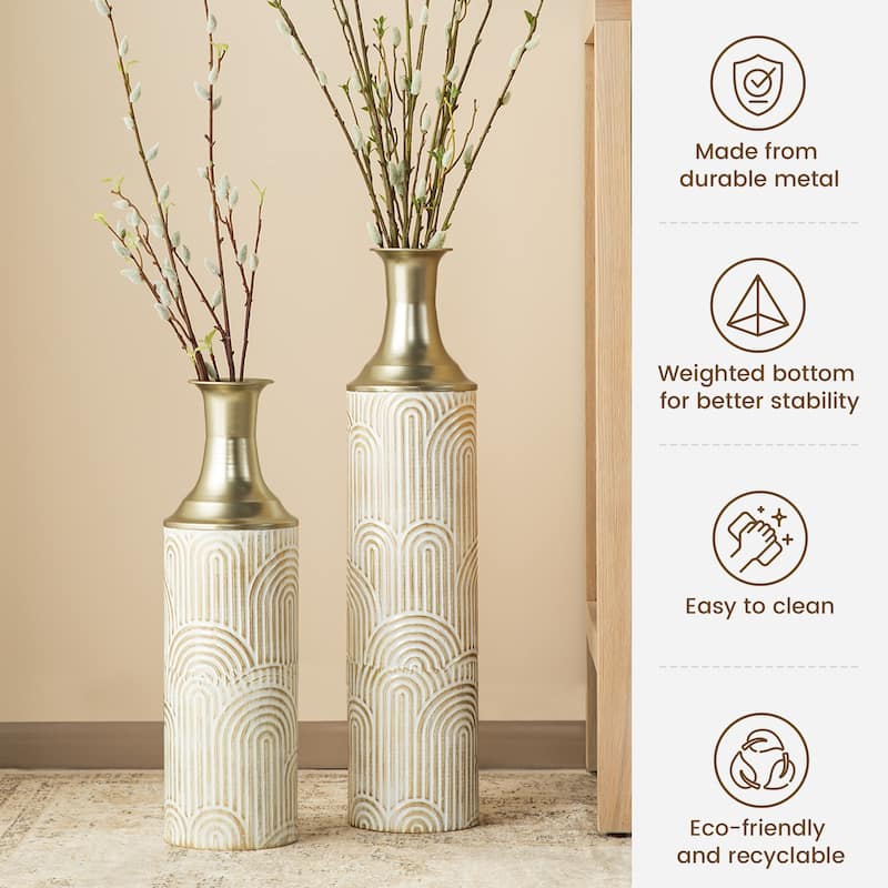Glitzhome Set of 2 Modern White and Gold Metal Floor Vases