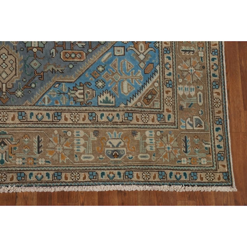 Blue Geometric Tabriz Vintage Persian Rug Hand-Knotted Wool Carpet - 6'5" x 9'4"
