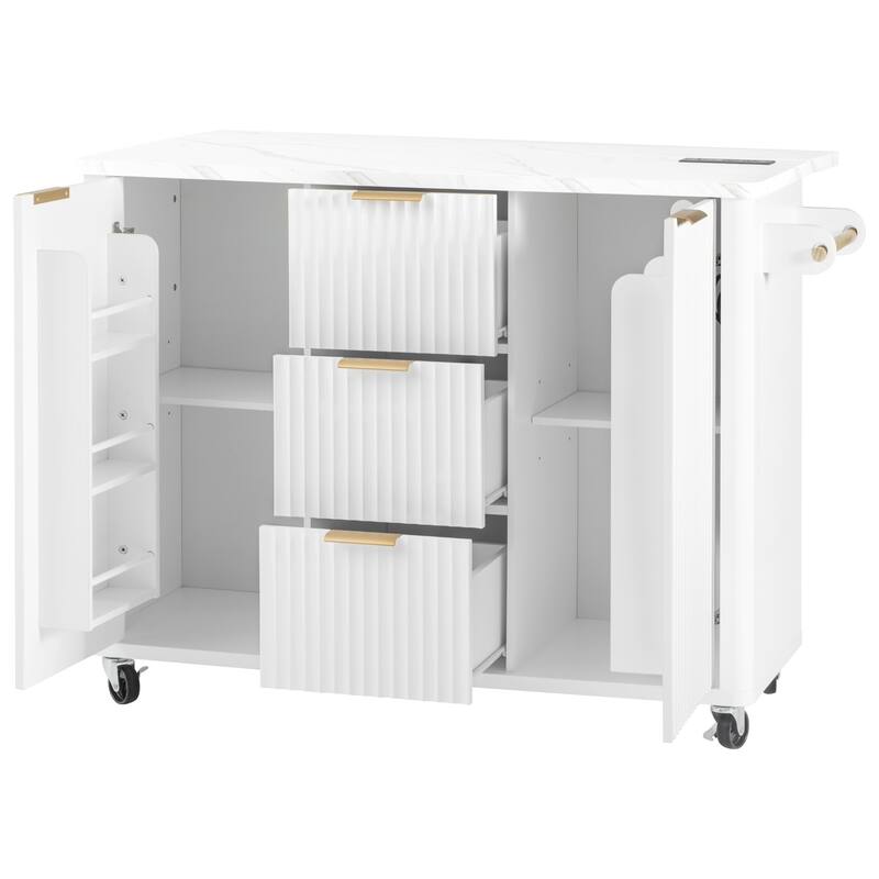 55.5" Storage Power Outlet Kitchen Island with Drop Leaf and 3 Drawers