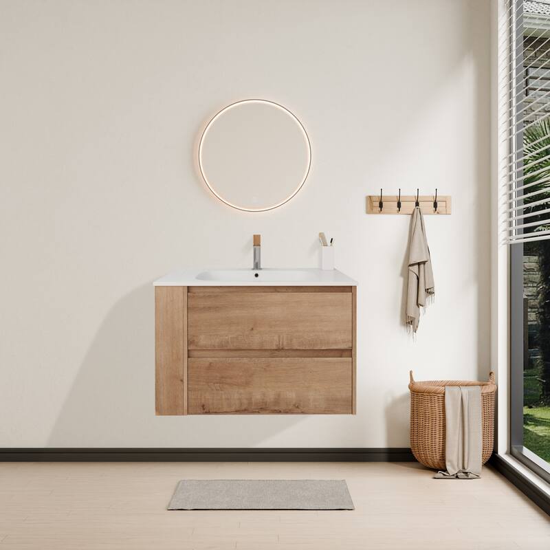 Modland 30" Wall-Mount Vanity with Gel Sink & Soft-Close Drawers - Adjustable Shelf, Brown/Imitative Oak - 30 Inch