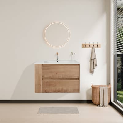 Modland 30" Wall-Mount Vanity with Gel Sink & Soft-Close Drawers - Adjustable Shelf, Brown/Imitative Oak - 30 Inch