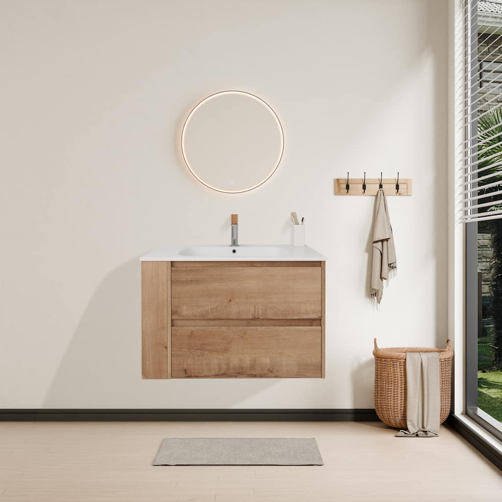 Modland 30" Wall-Mount Vanity with Gel Sink & Soft-Close Drawers - Adjustable Shelf, Brown/Imitative Oak - 30 Inch