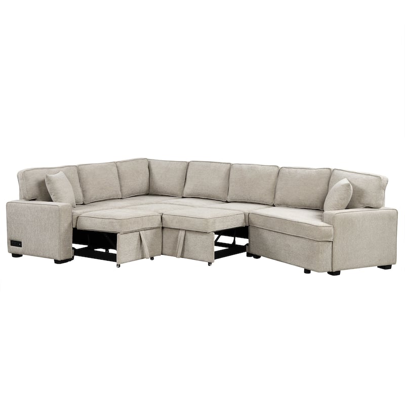 126" Chenille L-Shaped Sectional Sofa Bed with USB Charging and Drop-Down Bed
