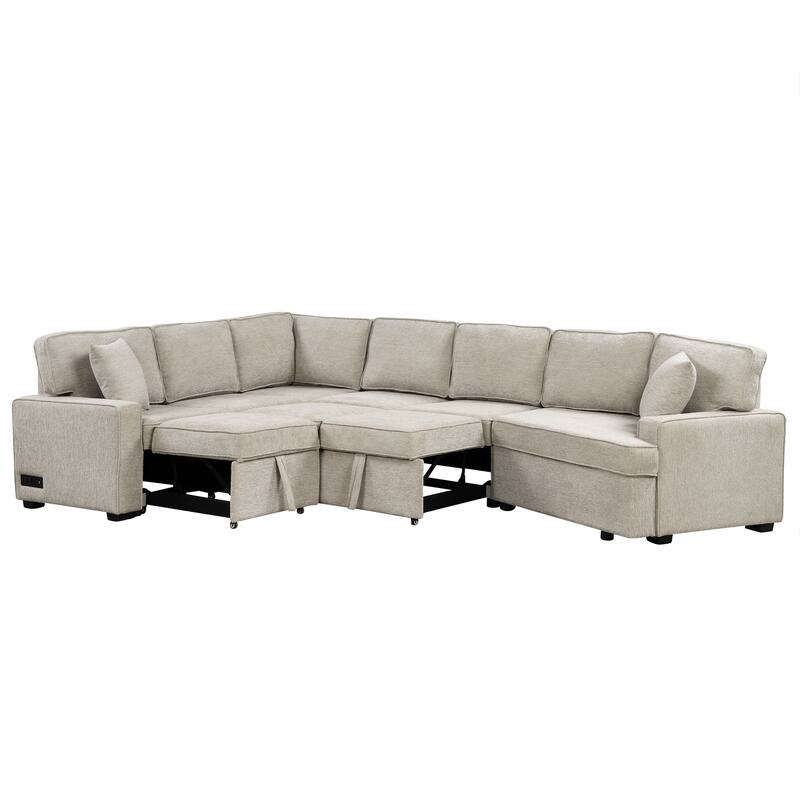 Beige 126" L-Shaped 6-Seat Sectional Sofa with Pull-Out Bed, USB Charging Ports, and Drop-Down Cup Holder Tables