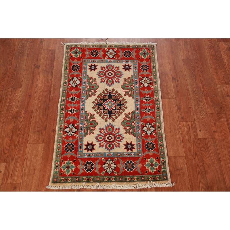 Geometric Kazak Oriental Accent Rug Hand-Knotted Beige Wool Carpet - 2'0" x 3'0"